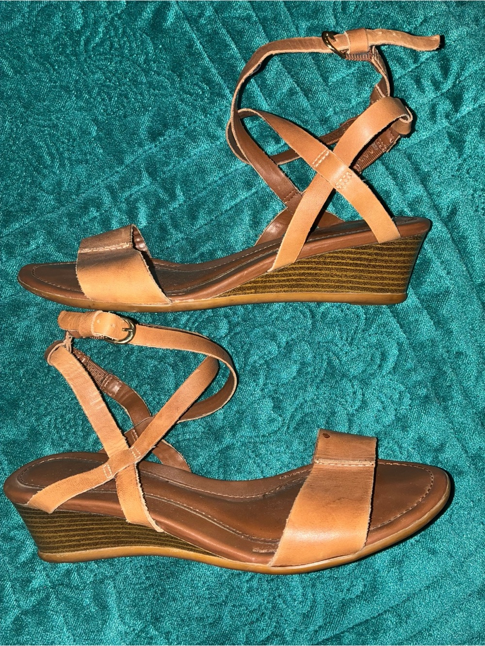 Women's Leather Tan Strappy Wedge Sandals